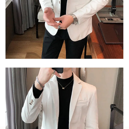 Men Casual Black White Suit Leather Jacket /Men Solid Color Business Suit Collar PU Blazers Dress Coat Fashion /New Men Clothing