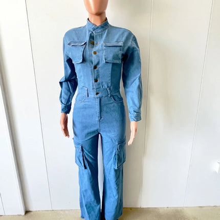 Women's New Autumn and Winter Fashion Elastic Organ Bag Wash Denim Jumpsuit Stand Collar Long Sleeve Denim Bell Bottoms Overalls