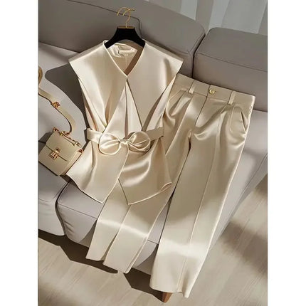 Fashion Satin Celebrity Outfits Elegant OL Peter Pan Collar Bow Sleeveless Vest + High Waist Wide Leg Pants Two Piece Set