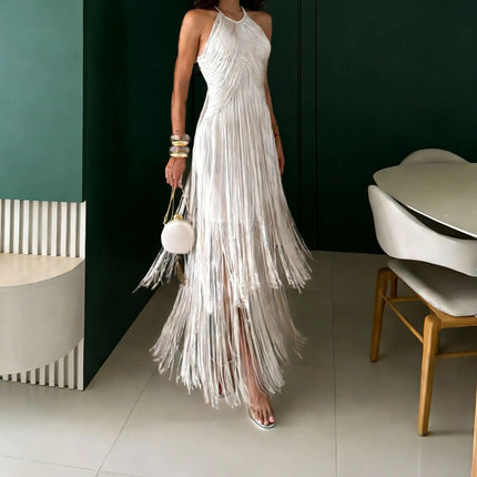 Elegant Halter Tassel Long Dress Women Fashion Hight Waist Slim Neck Hollow Solid Dress Cocktail Robe Sexy Fashion Evening Gown