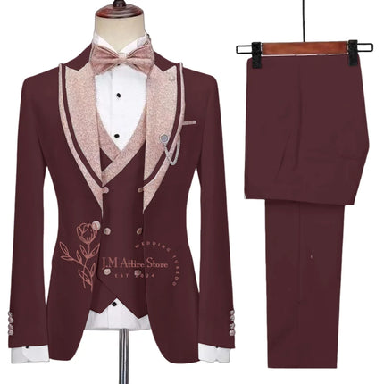 Stylish Men's Suit 3-piece Set Jacket Vest Pants White Slim Fit Pink Shinny Peak Lapel Blazer Wedding Prom Party Custom Tuxedo