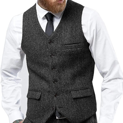 Mens Suit Vest Retro Tweed Wool Regular Fit Waistcoat Herringbone for Jacket Men's Suits Vest