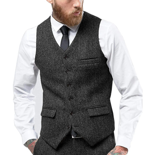 Mens Suit Vest Retro Tweed Wool Regular Fit Waistcoat Herringbone for Jacket Men's Suits Vest