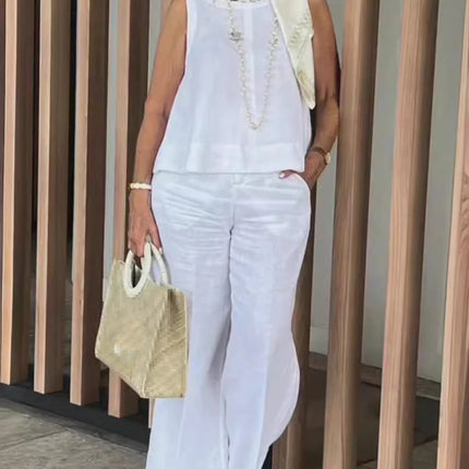 Simple Cotton Linen Women's Suits Summer Fashion Sleeveless Loose Blouse Wide Leg Pants Two Piece Set For Women Casual Outfits