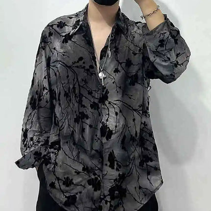 Spring Thin Original Design Trendy Men's Hollow out Iron Free Loose Handsome Shirt Vintage Printed Casual Shirt