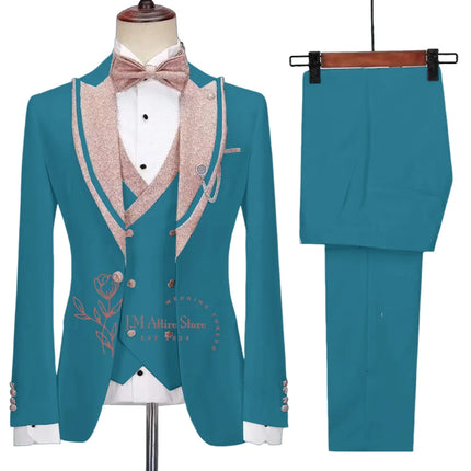 Stylish Men's Suit 3-piece Set Jacket Vest Pants White Slim Fit Pink Shinny Peak Lapel Blazer Wedding Prom Party Custom Tuxedo
