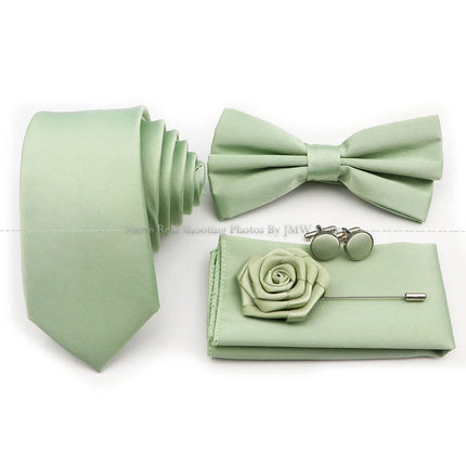 Hot Sale Purple Pink Sage Green Tie Set Polyester Necktie Bowtie Cufflink Brooch For Groom Suit Wedding Cravat Shirt Accessory