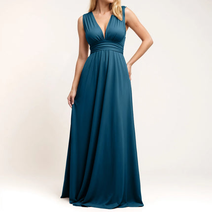 Multiple-Way Women Maxi Dress For Wedding Deep V-Neck Sexy High Waist Evening Party Dress Flowy Ruched A-Line Cocktail Dress