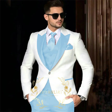Luxury Men's Suits For Wedding Peak Lapel Slim Fit 3 Piece White Jacket Burgundy Pants Vest Formal Male Clothing Costume Homme