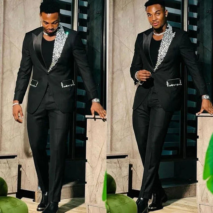 Luxury White Men's Suits Crystal Beads Slim Fit Wedding Groom Tuxedos Shawl Lapel Business Blazer Set 2 Pieces Jacket Pants