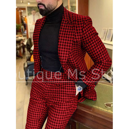 Men's Houndstooth Suit Slim Single Breasted Blazer and Pants Formal Party Prom Wedding Business Casual Male Suit 2 Piece