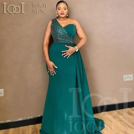 IOOISUN Customized Emerald Green Satin Bridesmaid Dress Beaded One Shoulder Wedding Party Gown Long Fomal Party Dresses
