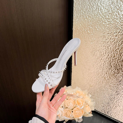 New white high-heeled cool mop with red sole, rivet cross strap, women's pointed toe party essential fashion women's shoes