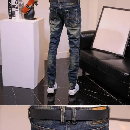 2025 Autumn and Winter Retro Jeans Men's Trendy Brand Slim-fitting Small Feet Elastic Youth Fashion Handsome Blue Long Pants