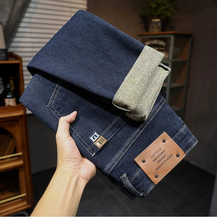 New Embroidery Fashion Straight Jeans Men Stretch Black Blue Slim Fit Pants Comfortable Business Denim Trousers