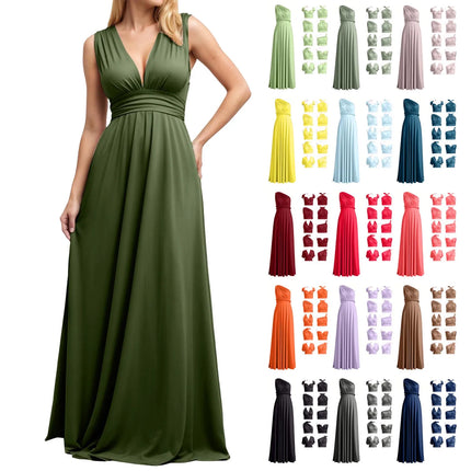 Multiple-Way Women Maxi Dress For Wedding Deep V-Neck Sexy High Waist Evening Party Dress Flowy Ruched A-Line Cocktail Dress