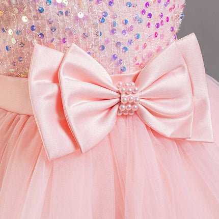 Girl's New Sequined Bow Irregular Collar Mesh Princess Dress Christmas Birthday Party Sweet and Cute Evening Dress