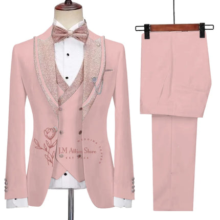 Stylish Men's Suit 3-piece Set Jacket Vest Pants White Slim Fit Pink Shinny Peak Lapel Blazer Wedding Prom Party Custom Tuxedo