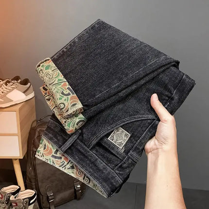 Trendy Embroidered Slim Fit Men's Jeans Spring Autumn New Style Zipper Long Casual Pants Youth Versatile Wear Resistant