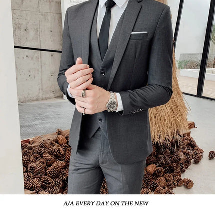 Suit (Blazer+vest+pants) Fashionable and Formal Outdoor Gentleman Solid Color Men's Business Wedding Host Gentle Three-piece Set
