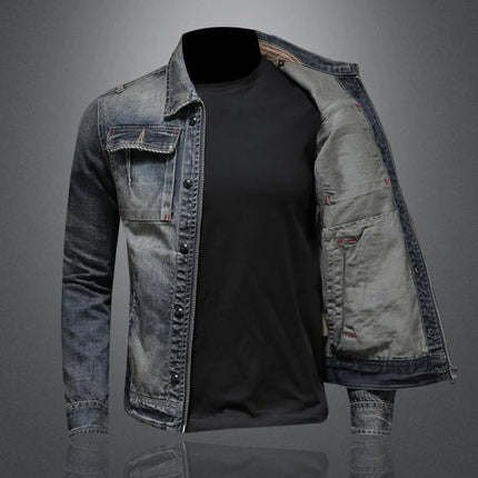 Vintage Denim Jacket With Zip Stand Up Cotton Slim Fit Denim Coat Jeans Jacket ClassicFor Men