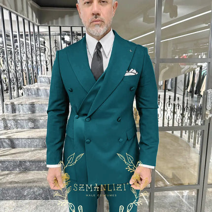 Black Men's Suit 2 Piece Double Breasted Jacket Pants Formal Wedding Groom Tuxedo Peaked Lapel Blazer Customized Men's Suit
