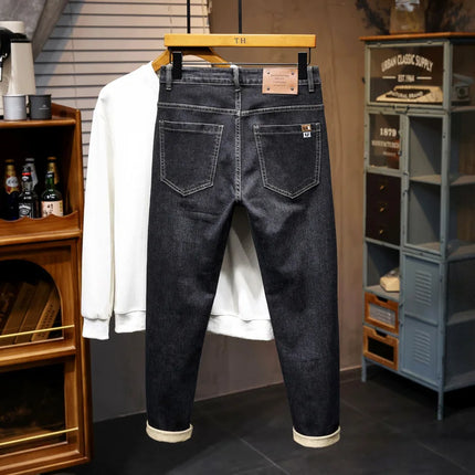 New Embroidery Fashion Straight Jeans Men Stretch Black Blue Slim Fit Pants Comfortable Business Denim Trousers