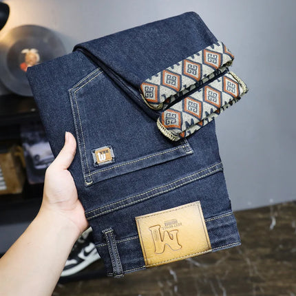 New Embroidery Fashion Straight Jeans Men Stretch Black Blue Slim Fit Pants Comfortable Business Denim Trousers