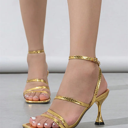 Liyke Sexy Snake Print Leather Ankle Strap Gold Sandals Women Narrow Band Square Open Toe Gladiator High Heels For Ladies Shoes