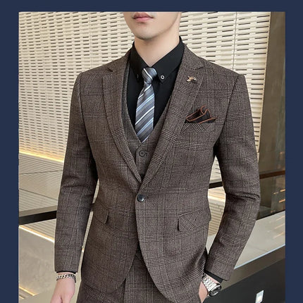 Checkered Suit (Blazer+Vest+Pants) Men's Fashion Hosting Work Business Wedding Casual Linen Art Style Elegant Gentleman's Suit