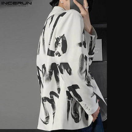 Fashion Casual Style Tops INCERUN Handsome Men's Art Hand-painted Letter Suit Coat Streetwear Male All-match Long Sleeved Blazer