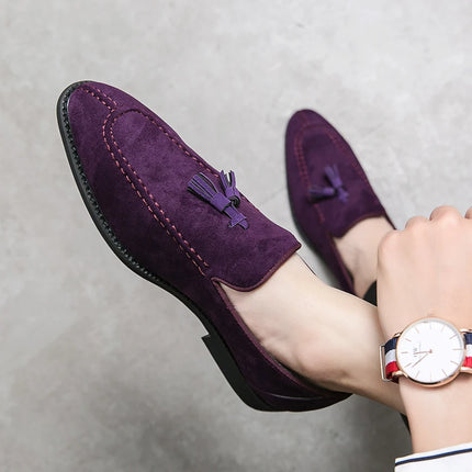 New British Designer Suede LeatherTassel Casual Shoes for Men Purple Blue Brown Moccasins Wedding Prom Homecoming Party Footwear