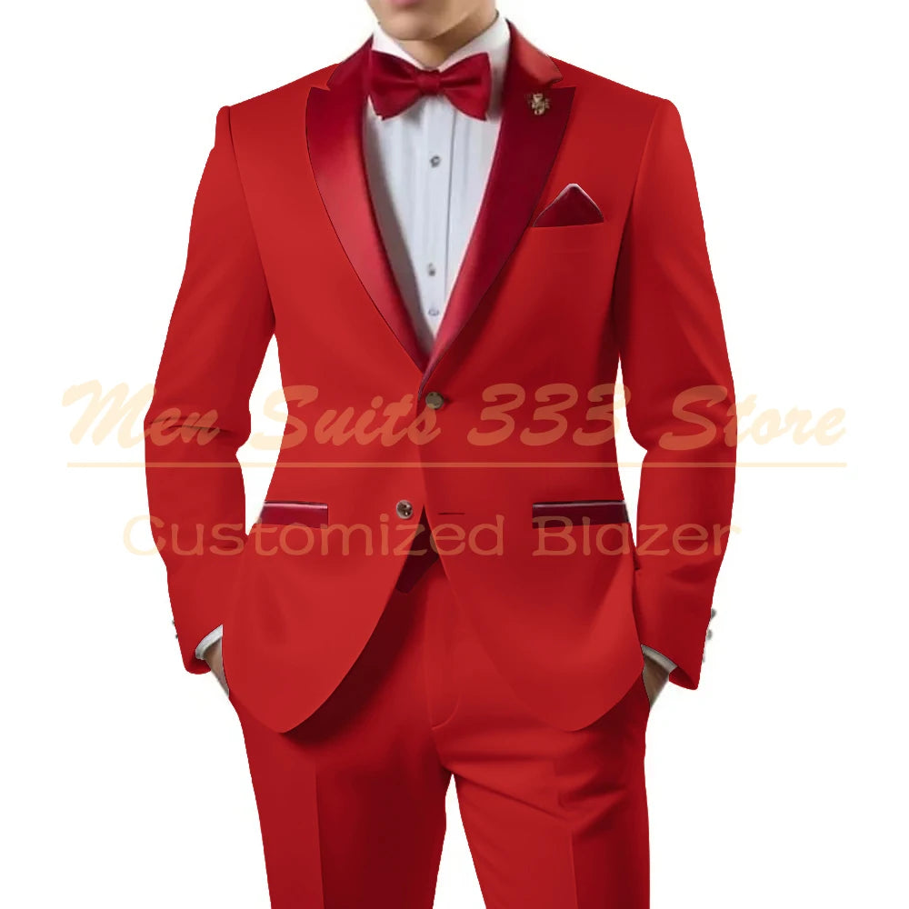 Customized White Men Suits Single Breasted Red Notch Lapel Slim Fit Male Clothing High Quality Wedding 2 Piece Jacket Pants 2025