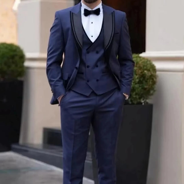 Men Suit 3 Pieces Navy Blue With Lapel Solid For Wedding Banquet Birthday Business Party Prom Work Office Jacket Vest Pants Set