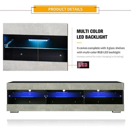 LED TV stand, gray black TV stand with LED lights, TV media console with glass frame