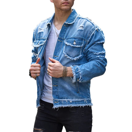 Street Stylish Holes Design Slim Men Denim Jacket Coat High Quality Male Distressed Casual Denim Jacket