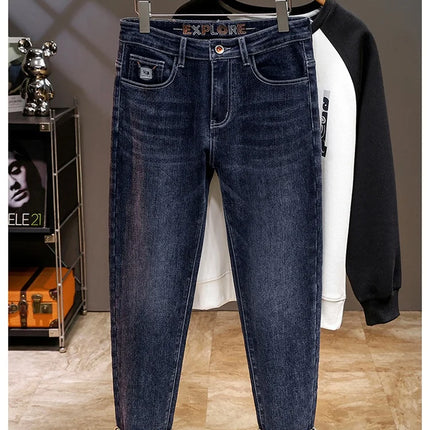 Spring Edition Men's Jeans mid Waist Straight Leg Faion Urban Sle Elastic Waist Micro Stretch Snowflake Waed