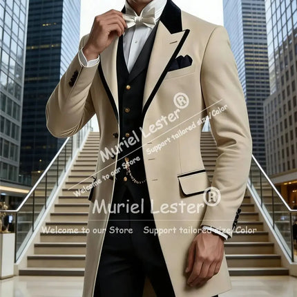 Elegant Business Men's Suits 2 Piece Sets Mid Length Jacket Pants Work Wear Outfits Customized Groom Banquet Attire Ropa Hombre