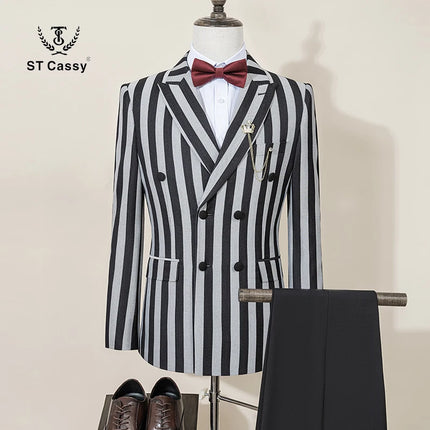ST Cassy Men's Suits Fashion striped evening gown Double Breasted Slim Fit 2 Piece Jacket Pants dinner party