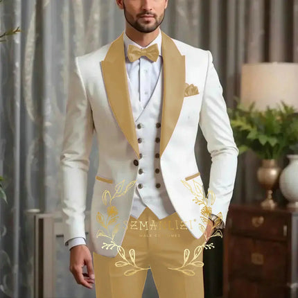 New Men Suit Sets Formal Banquet Luxury Ivory Blazer Vest Burgundy Pants Outfits Wedding Grooms Custom Fashion Slim Fit Costumes