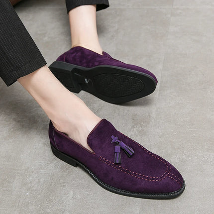 New British Designer Suede LeatherTassel Casual Shoes for Men Purple Blue Brown Moccasins Wedding Prom Homecoming Party Footwear