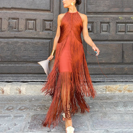 Elegant Halter Tassel Long Dress Women Fashion Hight Waist Slim Neck Hollow Solid Dress Cocktail Robe Sexy Fashion Evening Gown