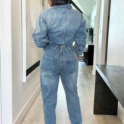 Denim Stretch Overalls Sexy Women Turn Down Collar Elegant Blue Jeans Casual Jumpsuit Romper