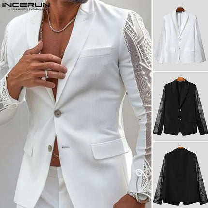 Fashion Casual Style Tops INCERUN New Mens Perspective Lace Splicing Design Suit Coats Male Solid Long Sleeved Blazer S-5XL 2025