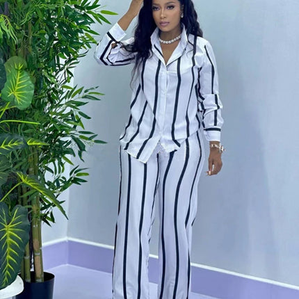 African Fashion Stripe Two Piece Set Women Spring Autumn Casual Button Long Sleeved Shirt Wide Leg Pants Two Piece Set Women