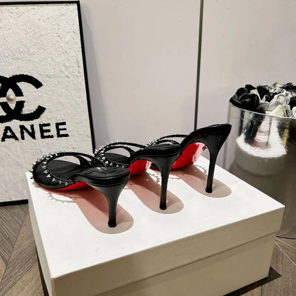 New white high-heeled cool mop with red sole, rivet cross strap, women's pointed toe party essential fashion women's shoes
