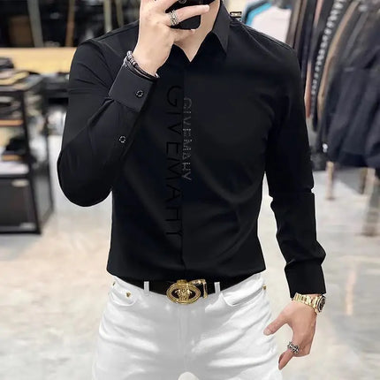 Spring And Summer Letter Shirt for Men Cotton Long Sleeve Casual Shirts Fashion Luxury Social Business Dress Shirts