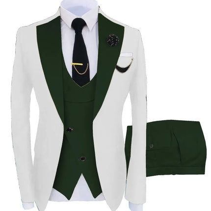 Men Three Piece Suit Sets Turn Down Collar Full Sleeve Blazers Vest Long Pants Slim Fit Ensemble Banquet Evening Splice Spring