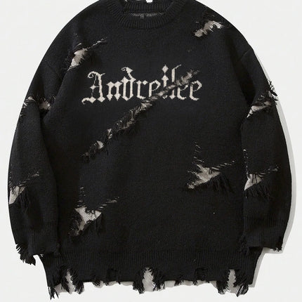 2025 New Men Distressed Sweater Hip Hop Pullover Vintage Casual Knitwear Top Streetwear Fashion Autumn Winter