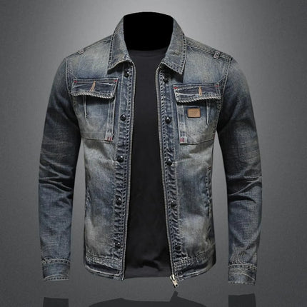 Vintage Denim Jacket With Zip Stand Up Cotton Slim Fit Denim Coat Jeans Jacket ClassicFor Men